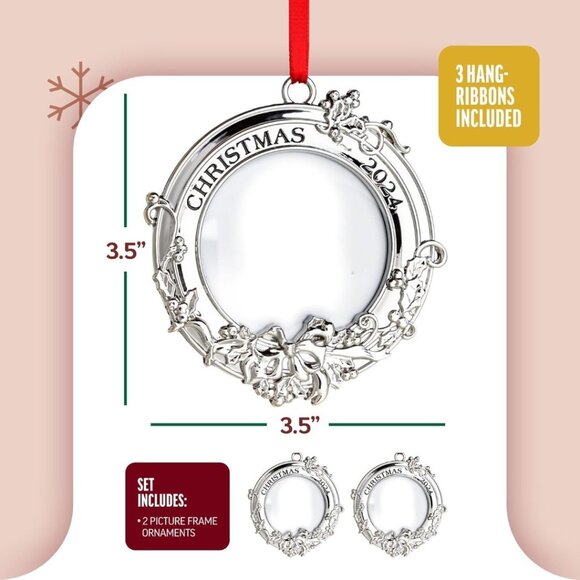 Set of 2 Christmas Silver 3.5" x 3.5" Round Photo Frame Engraved Tree Ornament - Picture 8 of 11